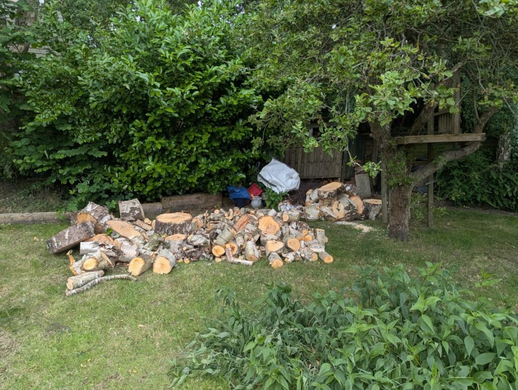 Birch timber ringed into logs for the customer's wood burner in Upton, Chester